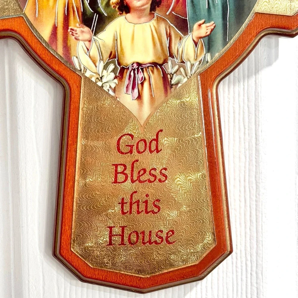 Religious Holy Family Cross Wall Decor God Bless This House Vtg Art Gold Foil